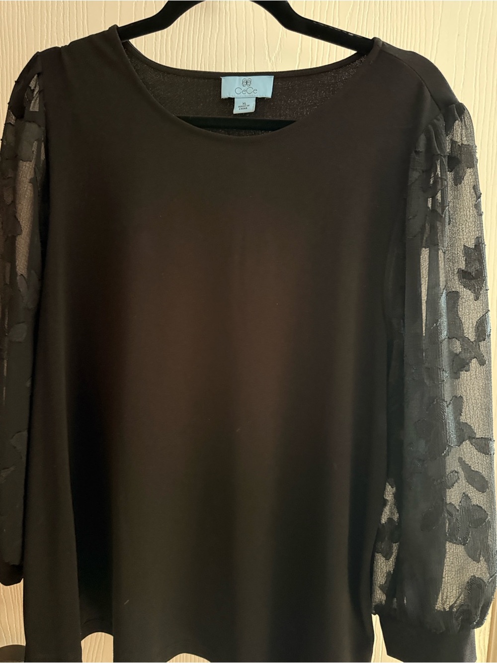 CeCe Brown Long Sleeve Top with Sheer Floral Sleeves